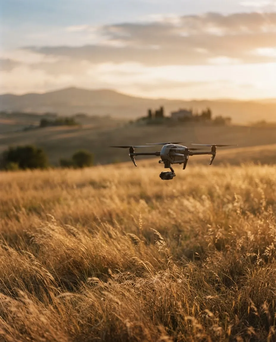 Drone sobrevoando um campo dourado ao pôr do sol.