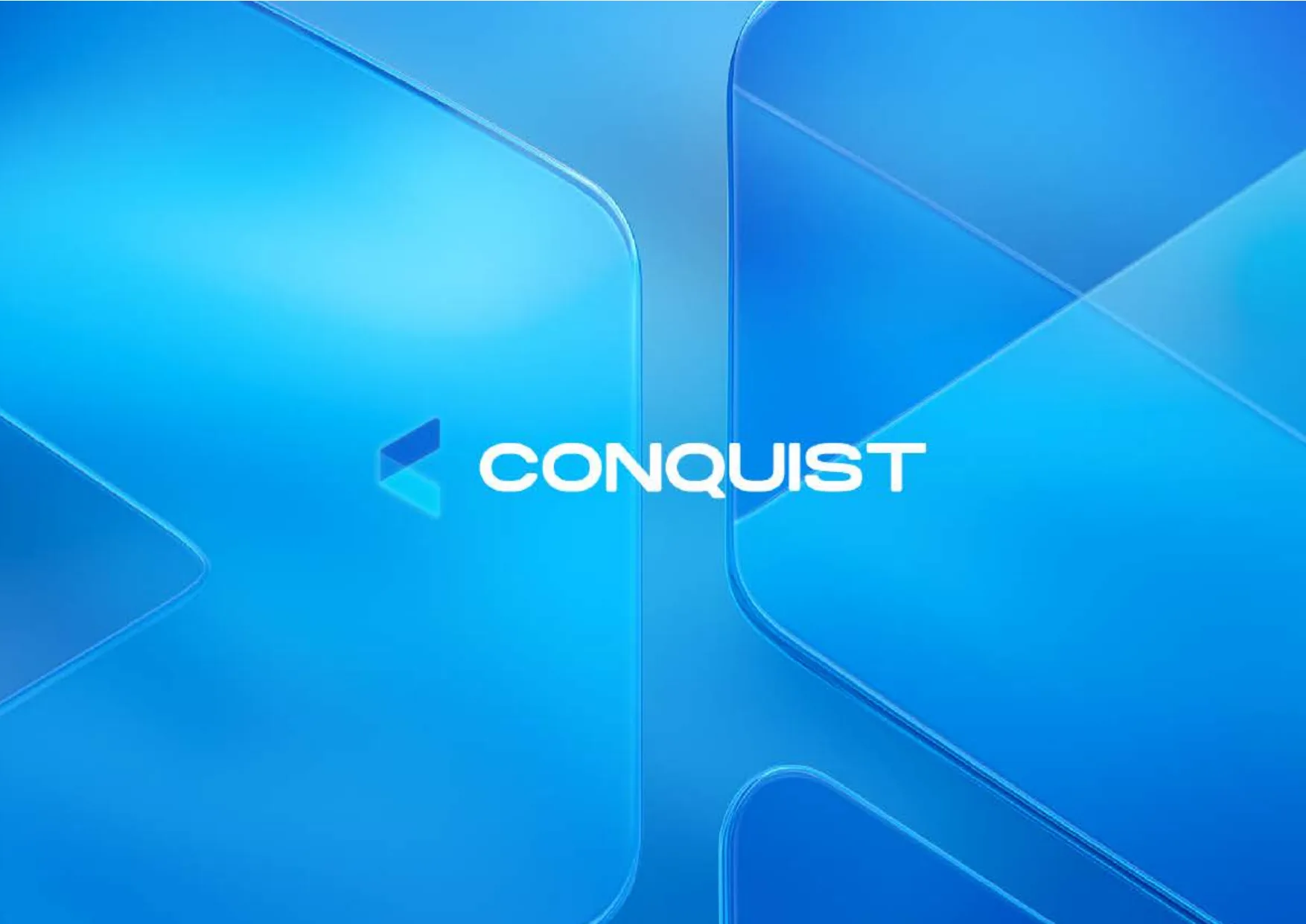 Logotipo Conquist em branco sobre fundo azul com formas de vidro.