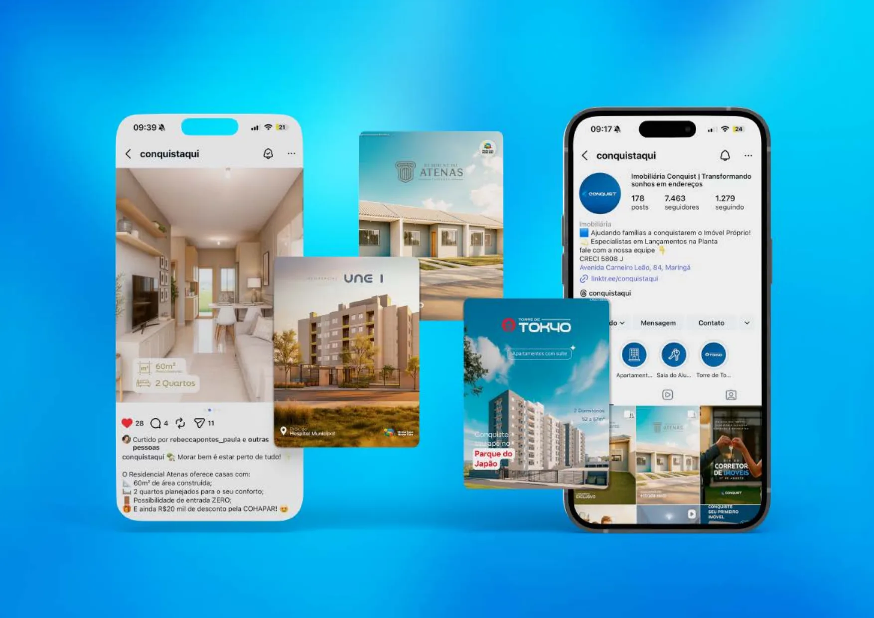 Dois celulares com o perfil e posts da Conquist no Instagram, cercados de peças de empreendimentos.