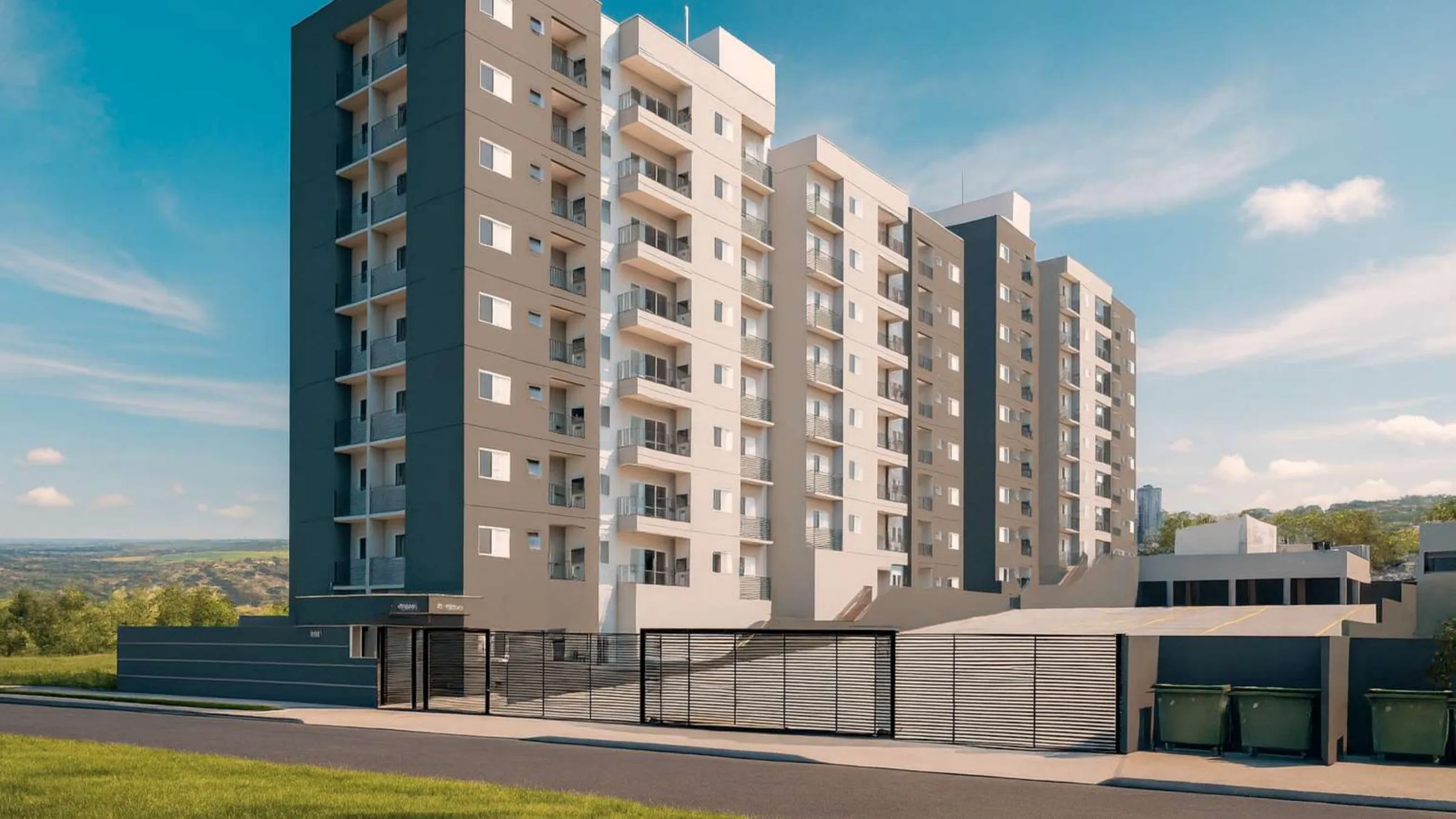 Render de edifício residencial em tons de grafite e areia sob céu azul.